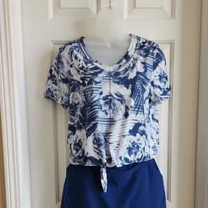 SPORTELLE Tie Front Top in Blue and White